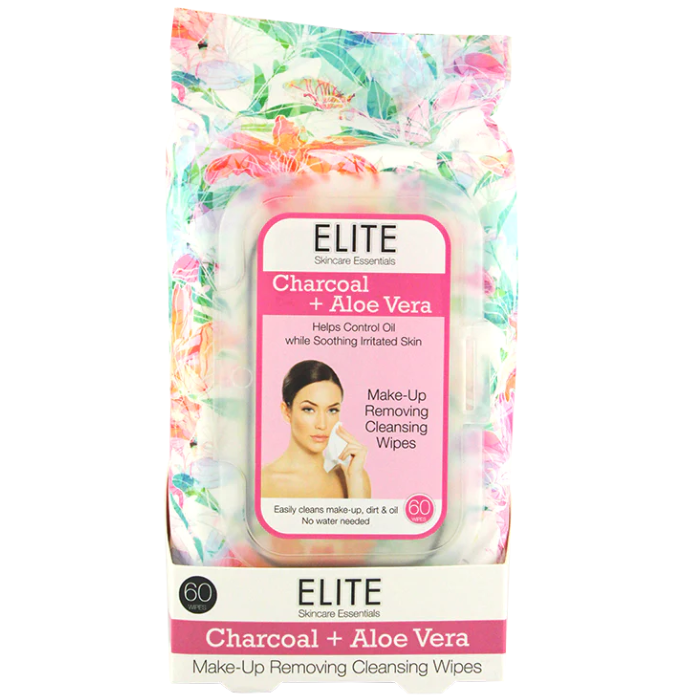 Elite Skincare Charcoal Plus Aloe Vera Make-Up Removing Cleansing Wipes (60 Wipes)
