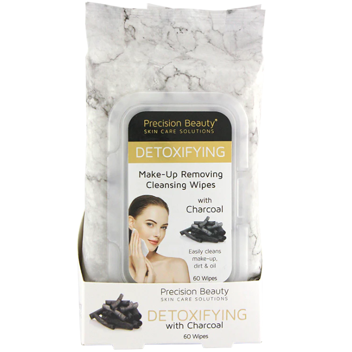Precision Beauty Skin Care Make-Up Removing Cleansing Wipes with Charcoal 60-Wipes (Detoxifying)